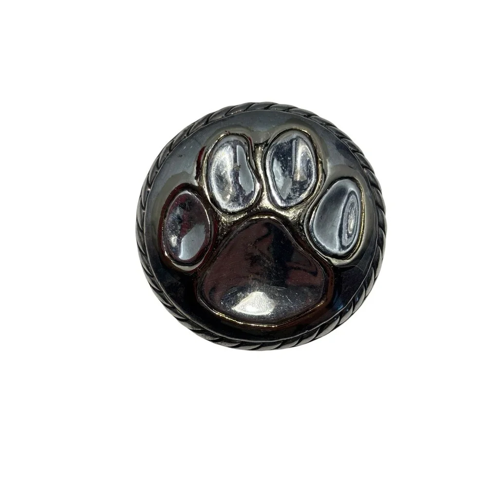 Vintage MJ Silver Tone Indented Cat Dog Pet Paw Print Round Pendant Brooch Pin